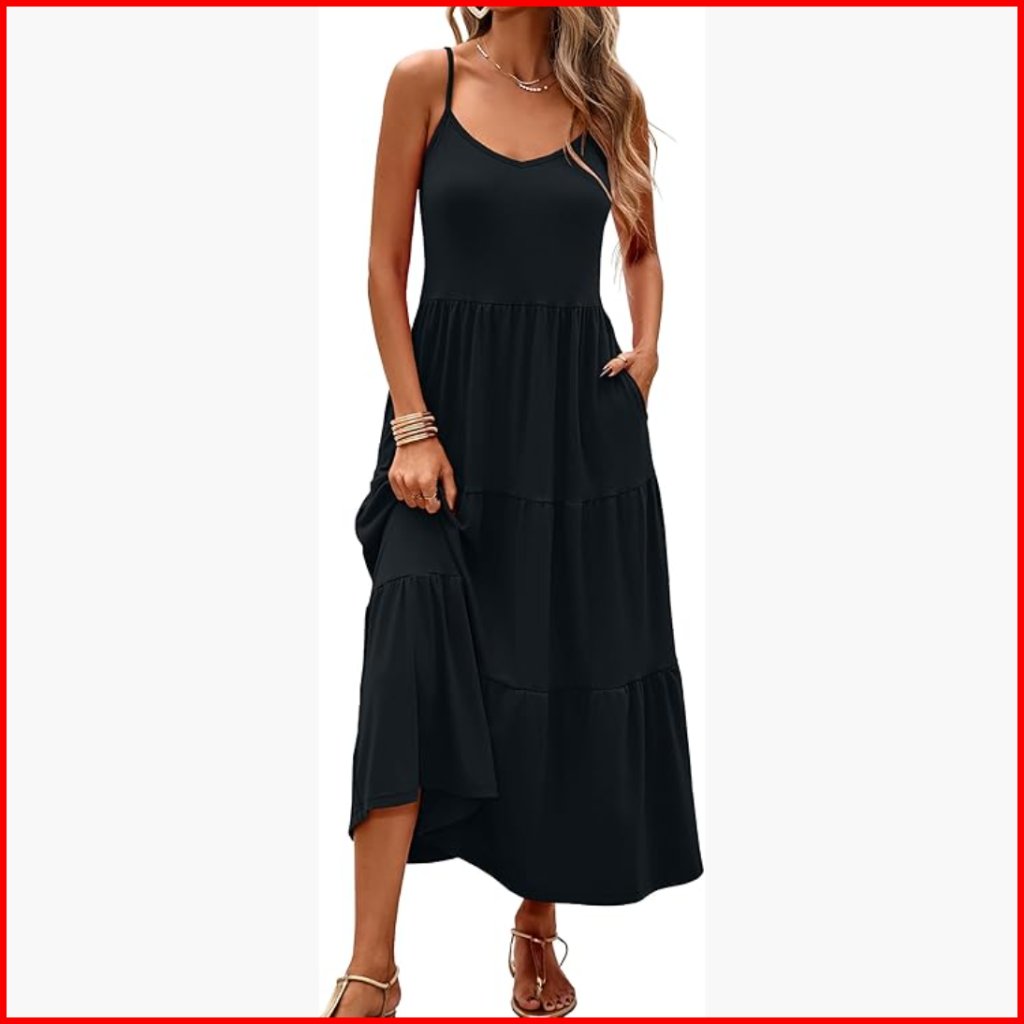 Sleeveless Maxi Dress With Adjustable Straps, Tiered Skirt, Pockets